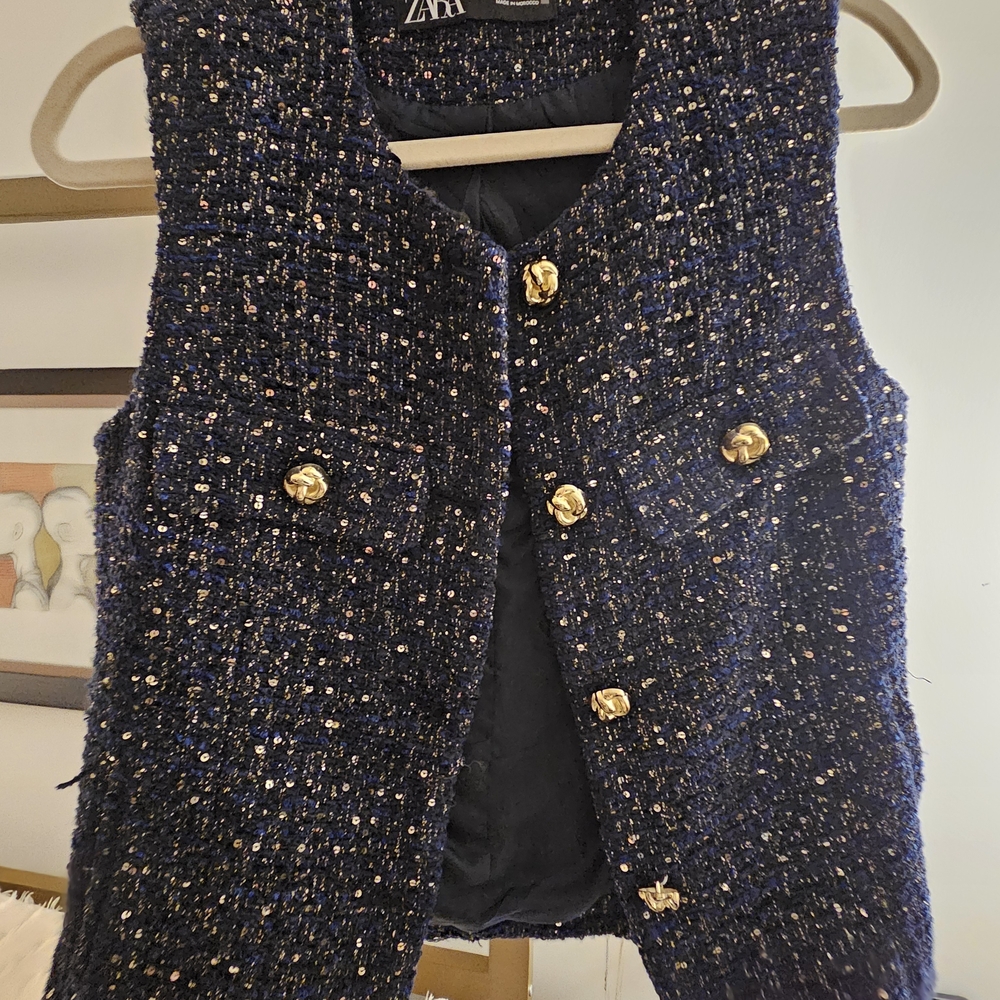 ✨ ZARA Blue & Gold Tweed Sleeveless Vest Top – Size Medium ✨ - Picture 5 of 6